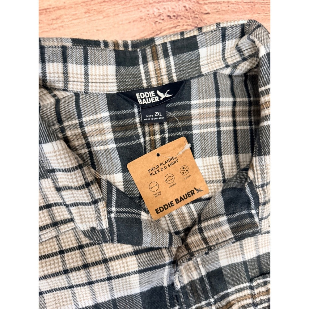 Eddie Bauer Mens 2XL Field Flannel Flex 2.0 Shirt Black White Tan Plaid 13501912 - Picture 5 of 8
